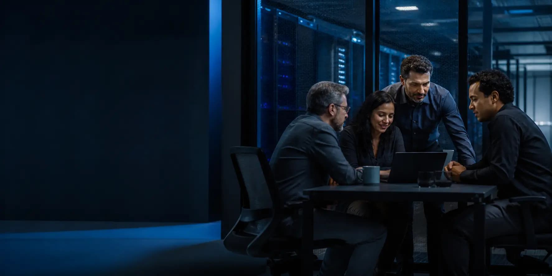 Equipe experiente da área de tecnologia reunida em ambiente corporativo